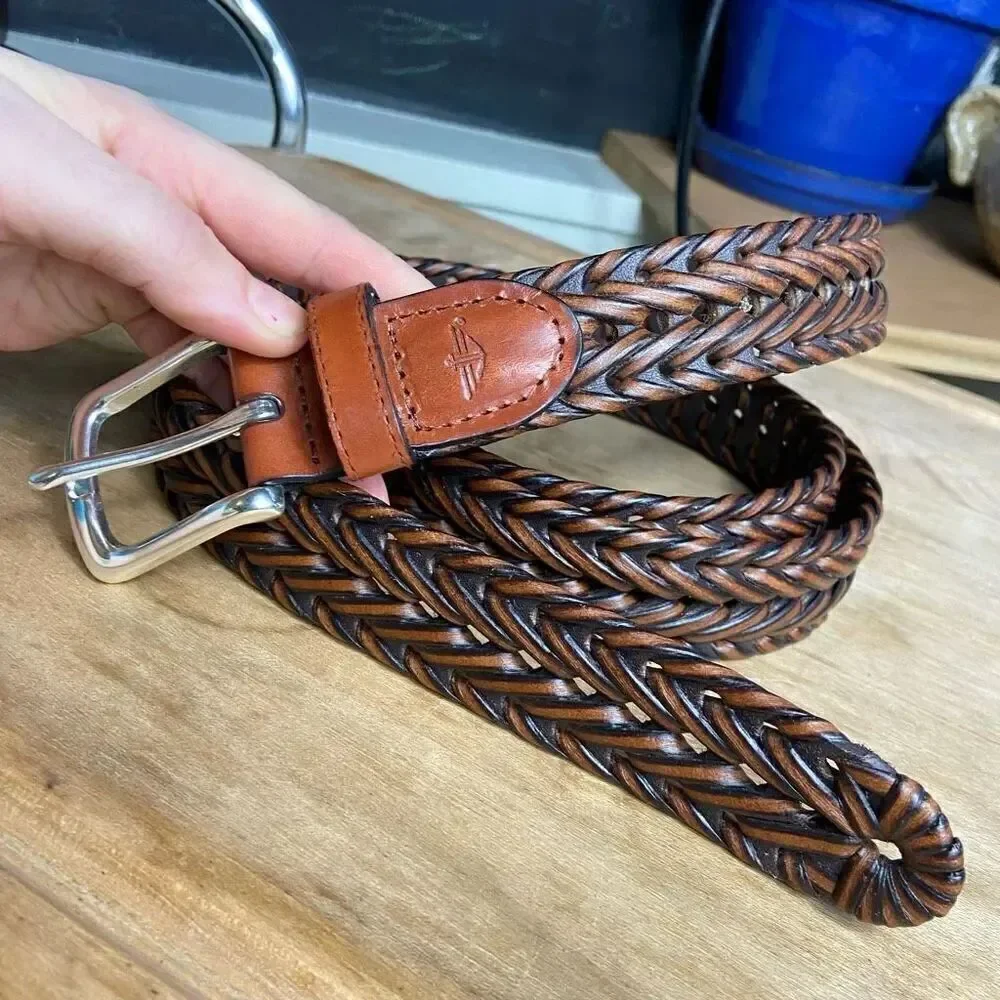 Dockers Men's Brown Braided Leather & Faux Leather Belt Silver Metal Buckle - XL